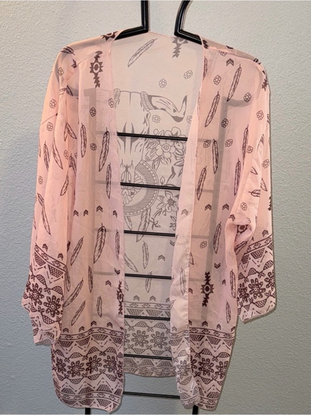 Sheer Pink Kimono Tunic with Feather and Tribal Print